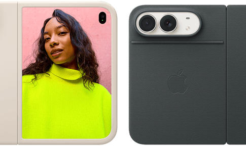 iPhone Duo, Star White color in Sand Silicone Case, landscape orientation, fully opened horizontally, Dual Fusion cameras on the top left, case covers the back exterior and outer edge of the front display, right side features portrait of person on outer display. iPhone Duo, Star White color, fully opened horizontally, Navy Blue Folio with Kickstand, fully opened horizontally, back exterior featuring the 48MP Dual Fusion rear cameras, two lenses