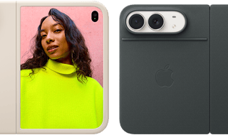 iPhone Duo, Star White color in Sand Silicone Case, landscape orientation, fully opened horizontally, Dual Fusion cameras on the top left, case covers the back exterior and outer edge of the front display, right side features portrait of person on outer display. iPhone Duo, Star White color, fully opened horizontally, Navy Blue Folio with Kickstand, fully opened horizontally, back exterior featuring the 48MP Dual Fusion rear cameras, two lenses