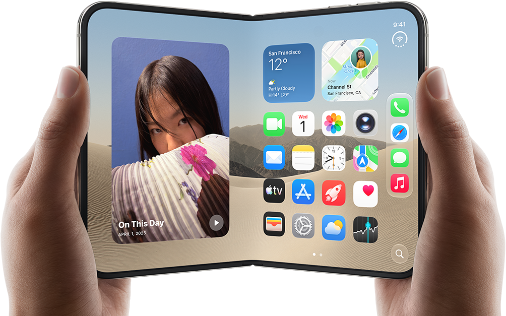 iPhone Duo, Star White color, held by two hands in landscape orientation, unfolded, interior screen displays photos on the left, apps on the right