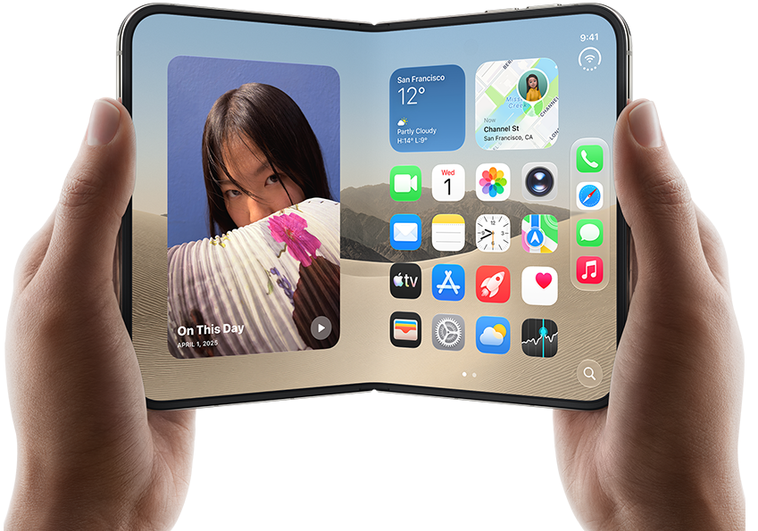 iPhone Duo, Star White color, held by two hands in landscape orientation, unfolded, interior screen displays photos on the left, apps on the right