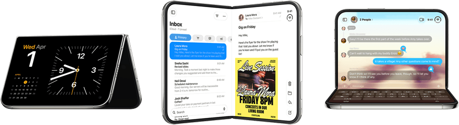 iPhone Duo, various positions: inverted open landscape orientation, unfolded at slight angle, exterior display, all-screen design. Slightly open like a book and standing upright. Open landscape orientation, unfolded at right angle, interior display, all-screen design